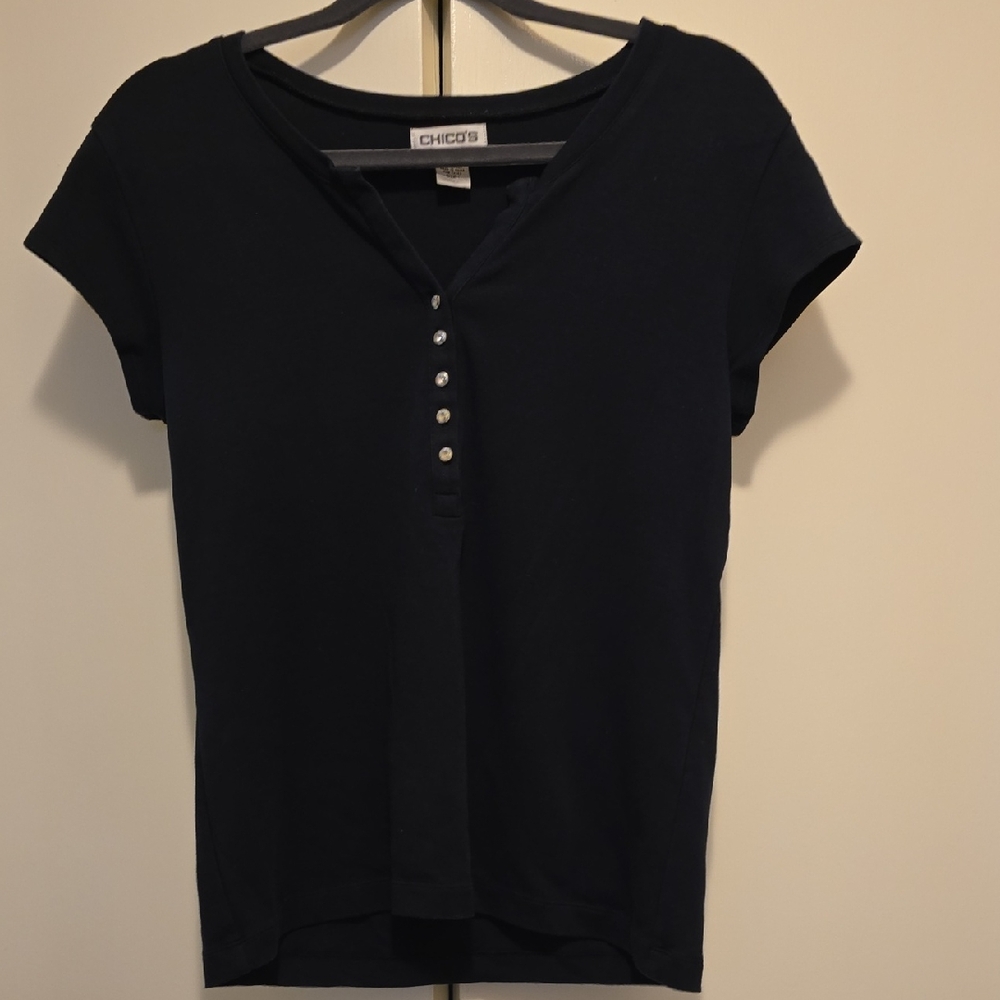 Chico's Navy Short Sleeve Top with Button Detail